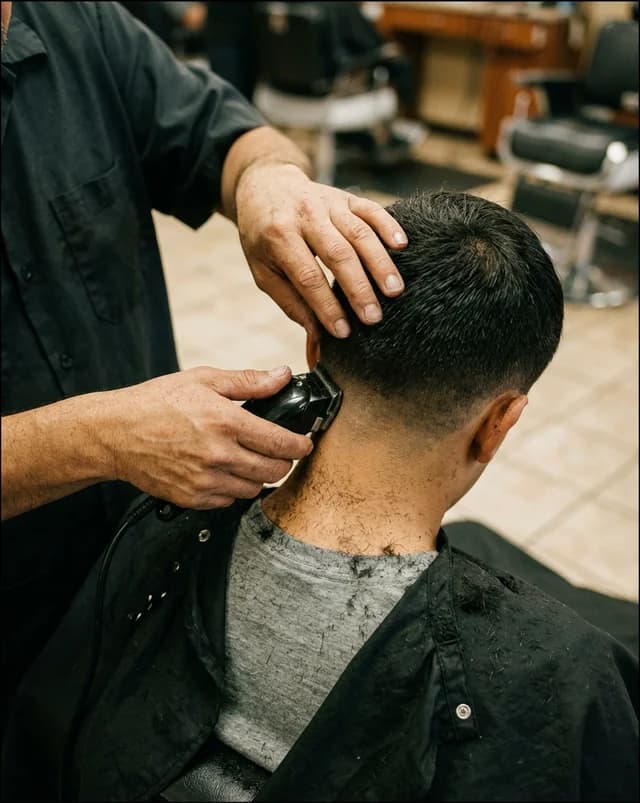 Barber's hands fading the back of a client's neck with clippers