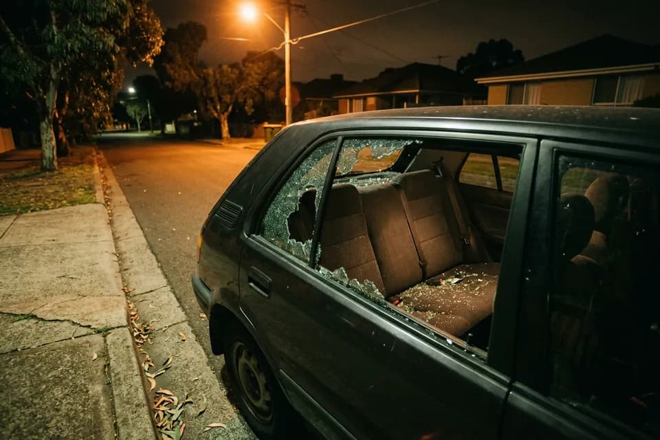Parked car with a smashed rear window on a suburban street at night