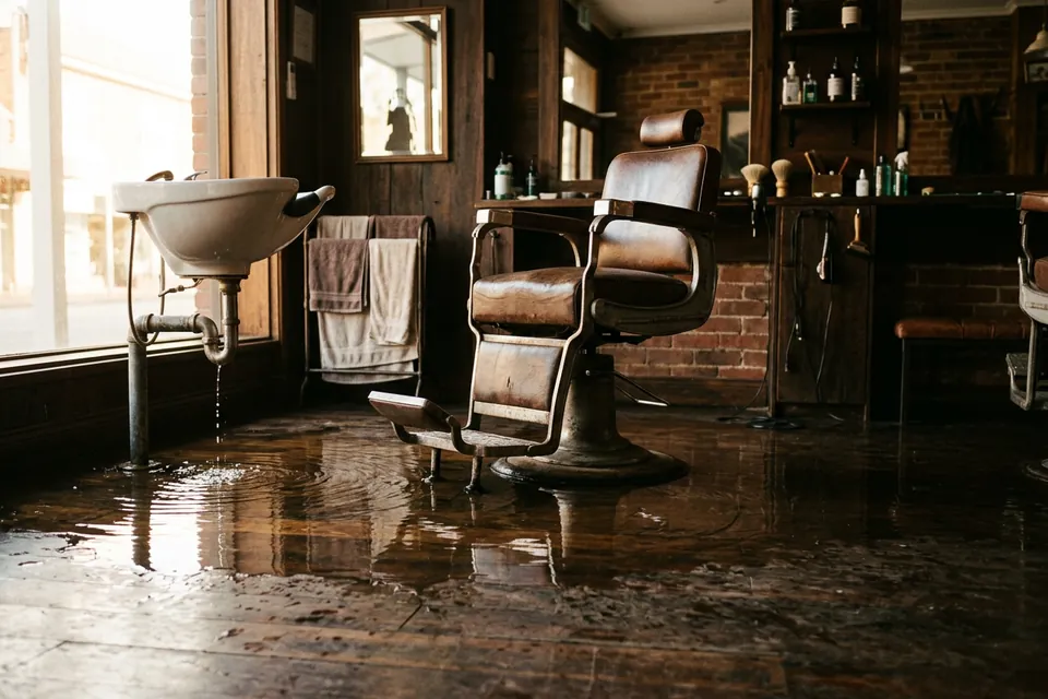 Water pooled across a barbershop floor under a leather barber chair and basin