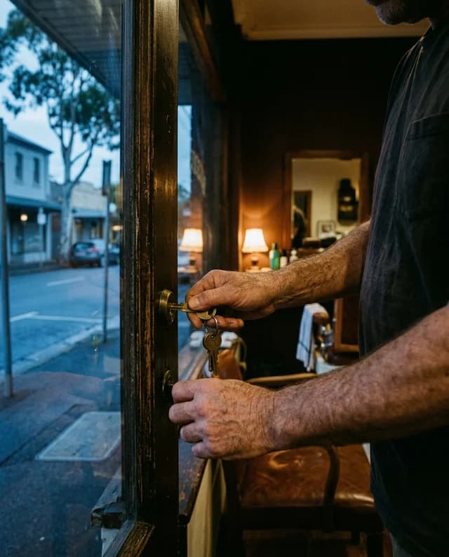 Barbershop owner's hands unlocking the shop's front door from inside at opening time