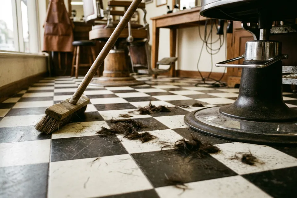 Broom sweeping hair clippings across a checked barbershop floor beside a barber chair base