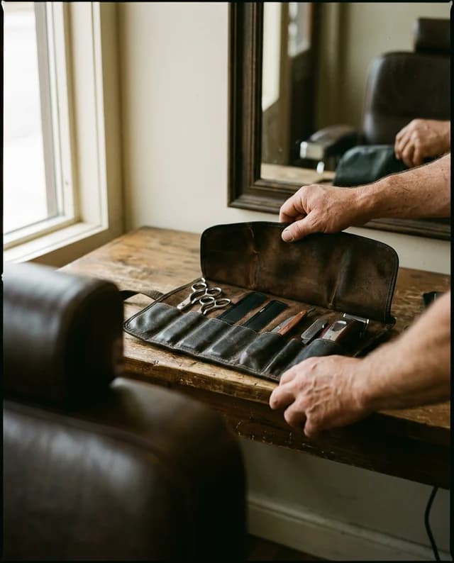 Chair renter unrolling their own leather tool roll of scissors and combs at a rented station