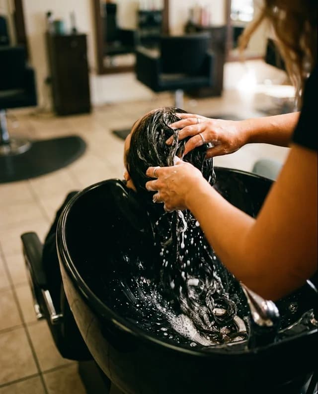 Hairdresser's hands rinsing a client's hair at a black salon basin