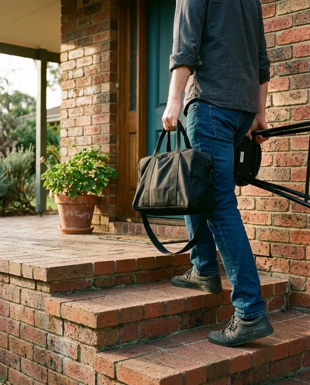 Mobile barber carrying a kit bag and folding stool up the brick front steps of a client's home